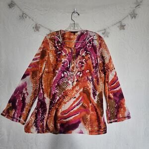 Reba Small Tie Dye Henley Embroidered Cotton Tunic Top Bold Boho Hippie Artsy